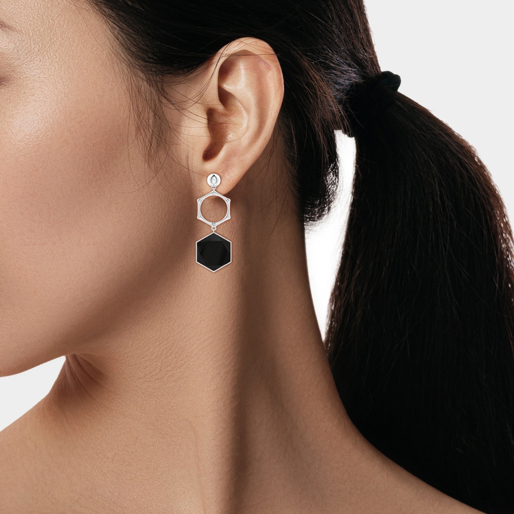 15mm AAA Natori x Angara Black Onyx Hexagon Stone Earrings in S999 Silver ear