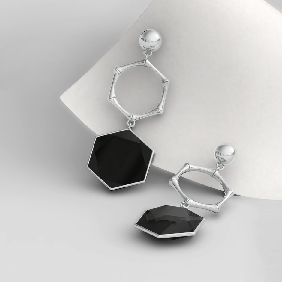 15mm AAA Natori x Angara Black Onyx Hexagon Stone Earrings in S999 Silver side 399