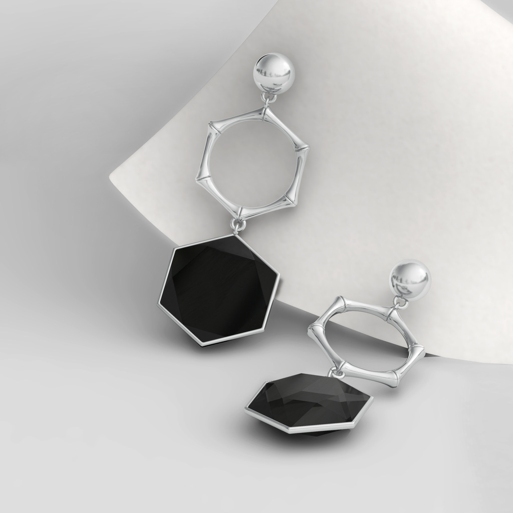 15mm AAA Natori x Angara Black Onyx Hexagon Stone Earrings in White Gold - side 399