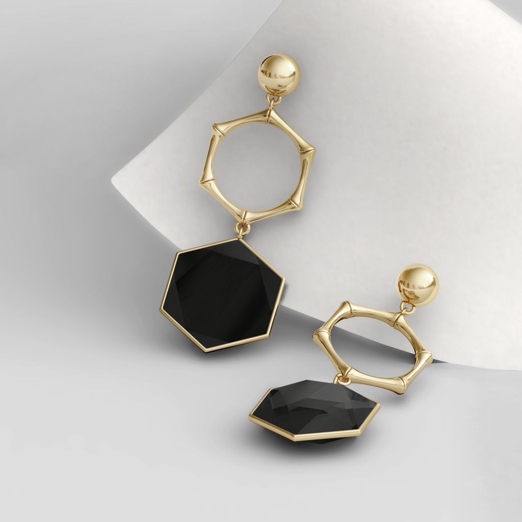 15mm AAA Natori x Angara Black Onyx Hexagon Stone Earrings in Yellow Gold - side 399