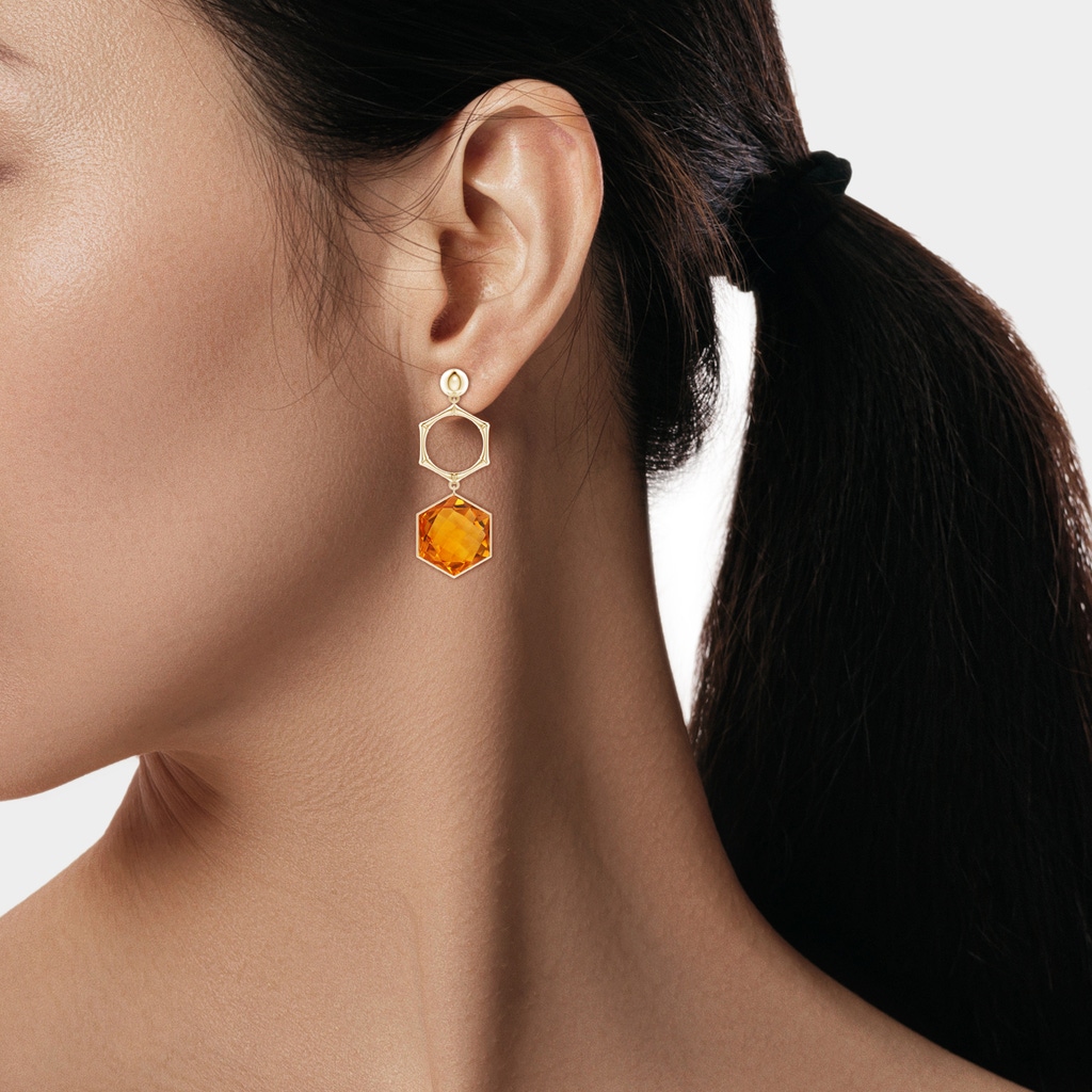 15mm AAA Natori x Angara Citrine Hexagon Stone Earrings in Yellow Gold Body-Ear