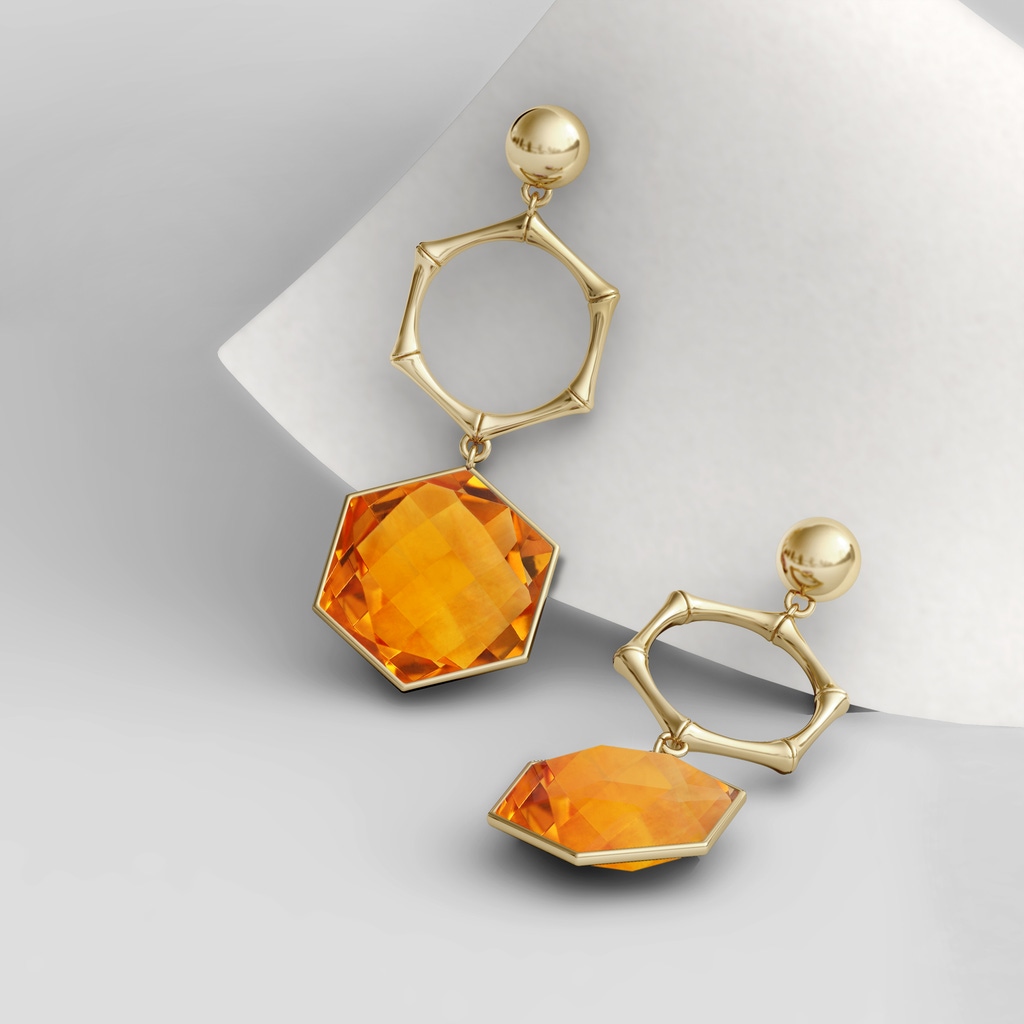 15mm AAA Natori x Angara Citrine Hexagon Stone Earrings in Yellow Gold Side 1