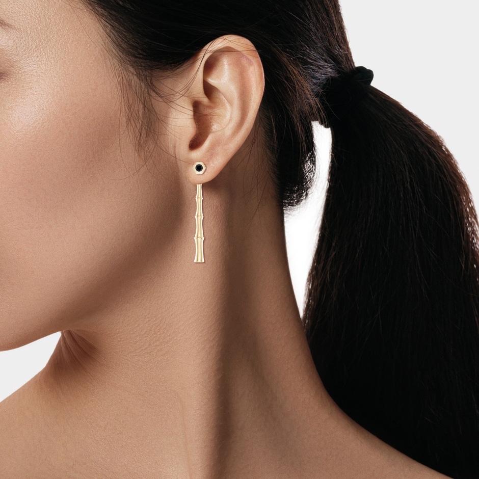 3mm AAA Natori x Angara Small Black Onyx Multi-Wear Indochine Bamboo Earrings in Yellow Gold body-ear