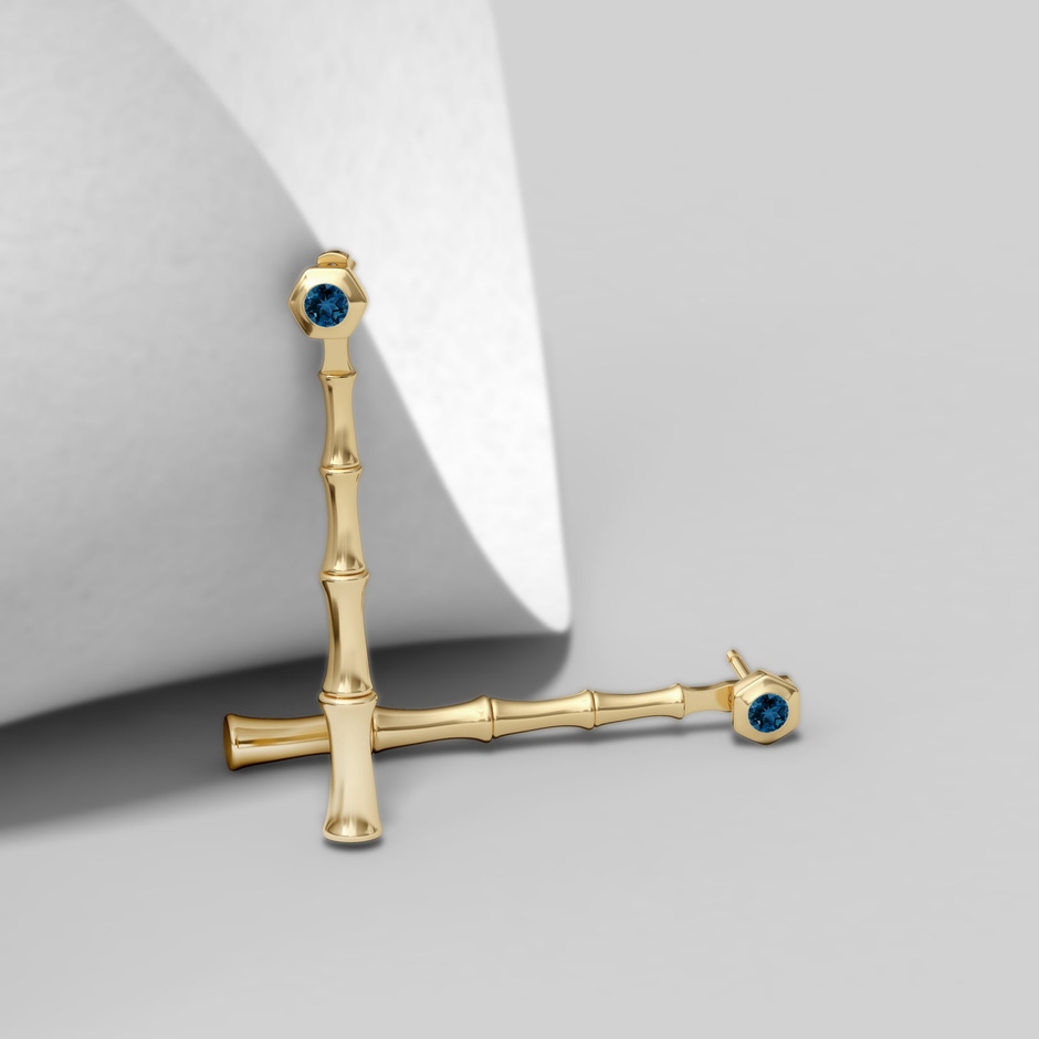 3mm AAA Natori x Angara Small London Blue Topaz Multi-Wear Indochine Bamboo Earrings in Yellow Gold side 2