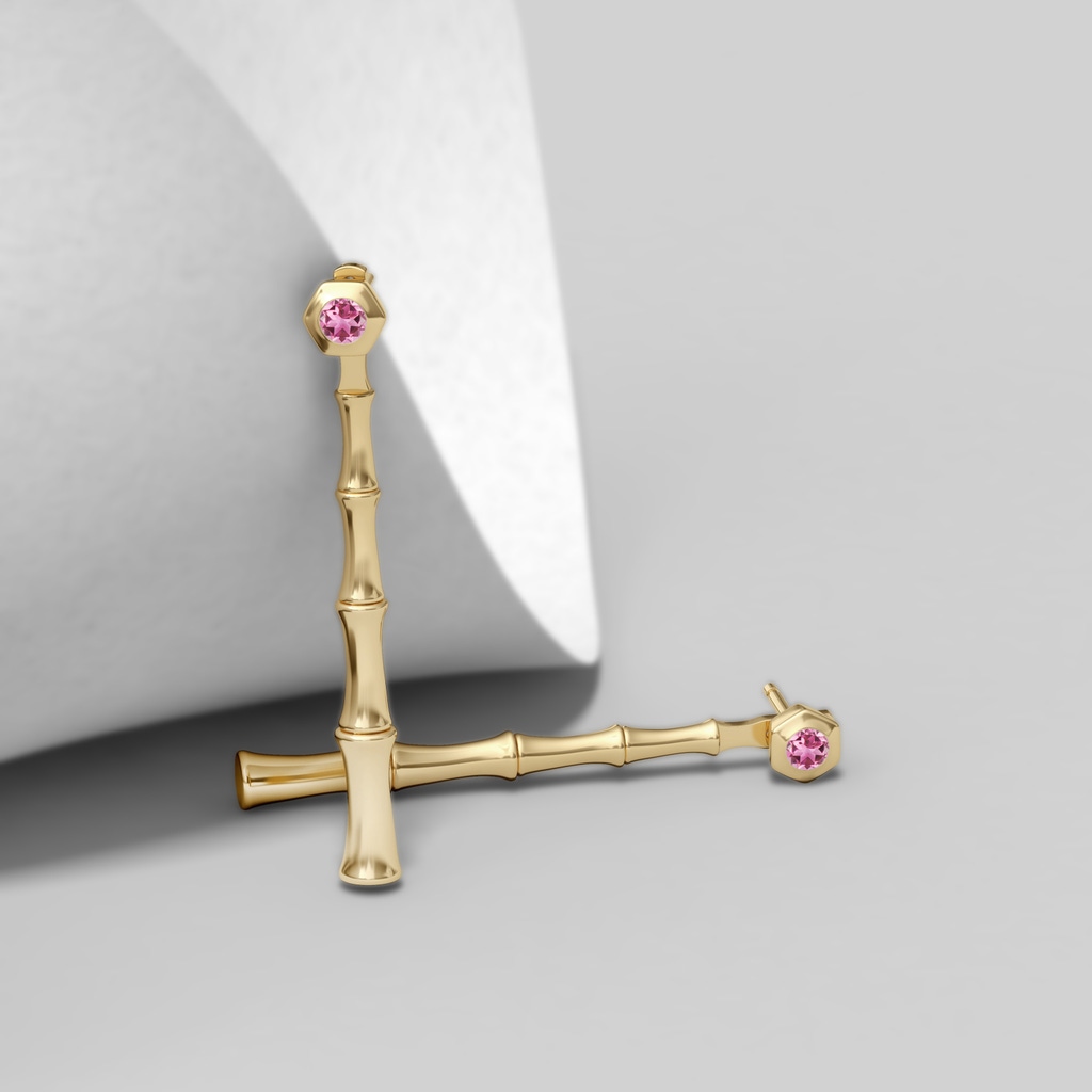 3mm AAA Natori x Angara Small Pink Tourmaline Multi-Wear Indochine Bamboo Earrings in Yellow Gold Side 2