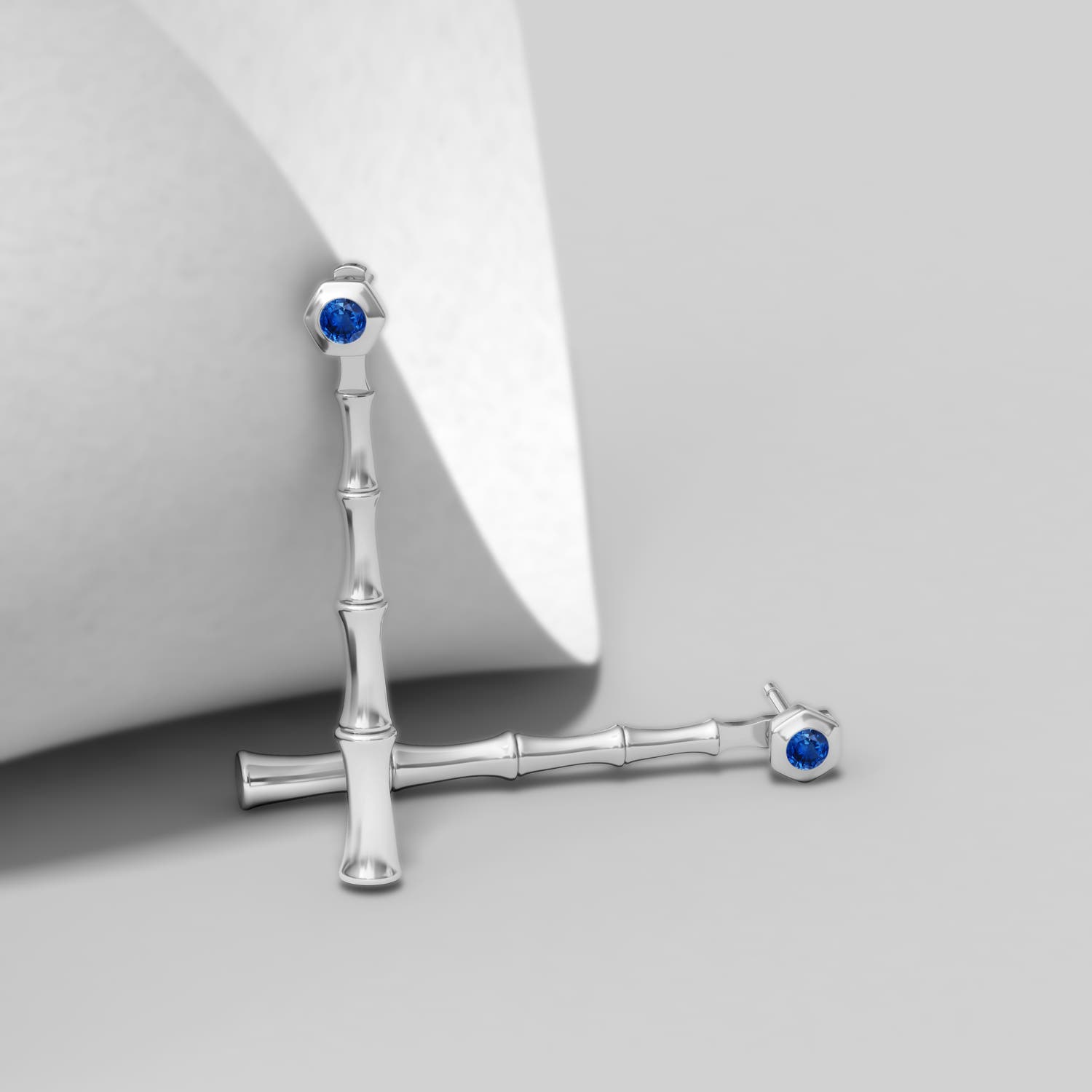 3mm AAA Natori x Angara Small Blue Sapphire Multi-Wear Indochine Bamboo Earrings in White Gold - lifestyle 4