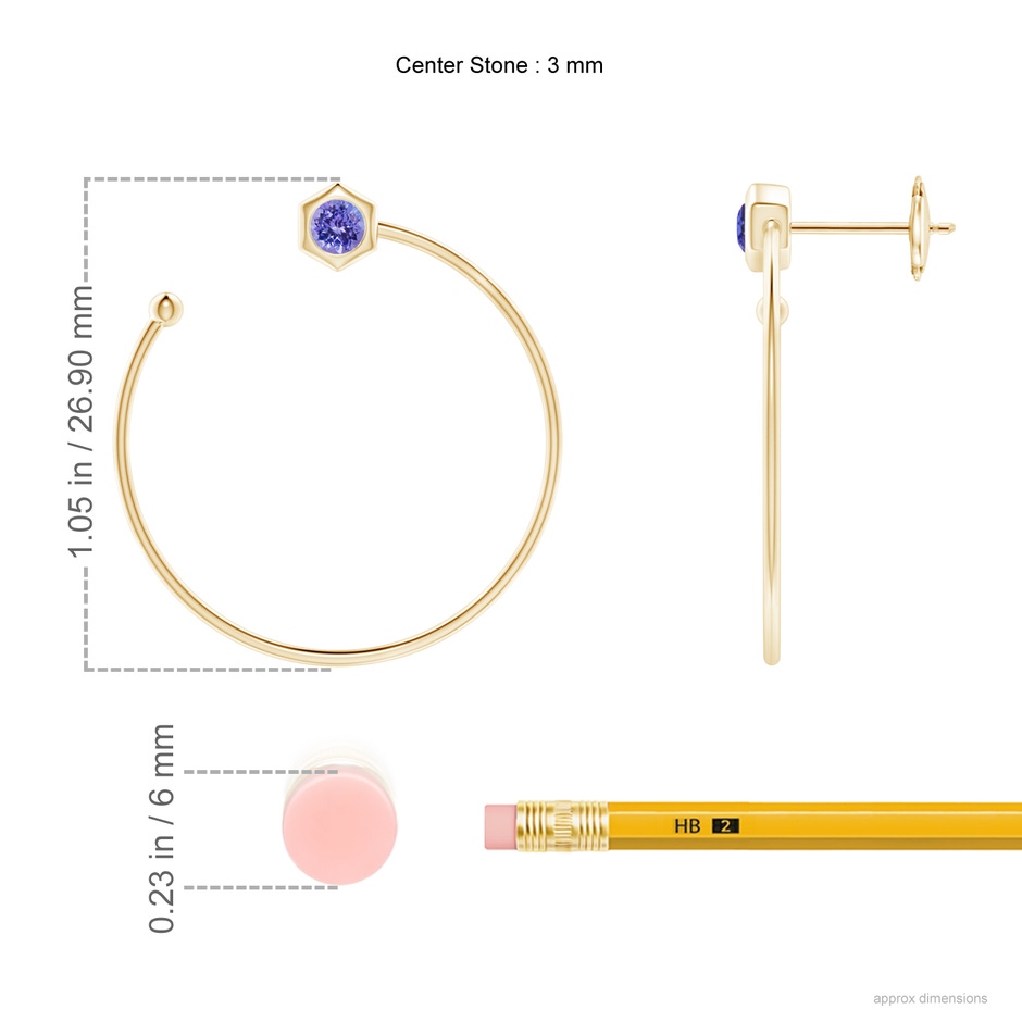 3mm AAA Natori x Angara Small Hexagonal Tanzanite Open Hoops in Yellow Gold ruler