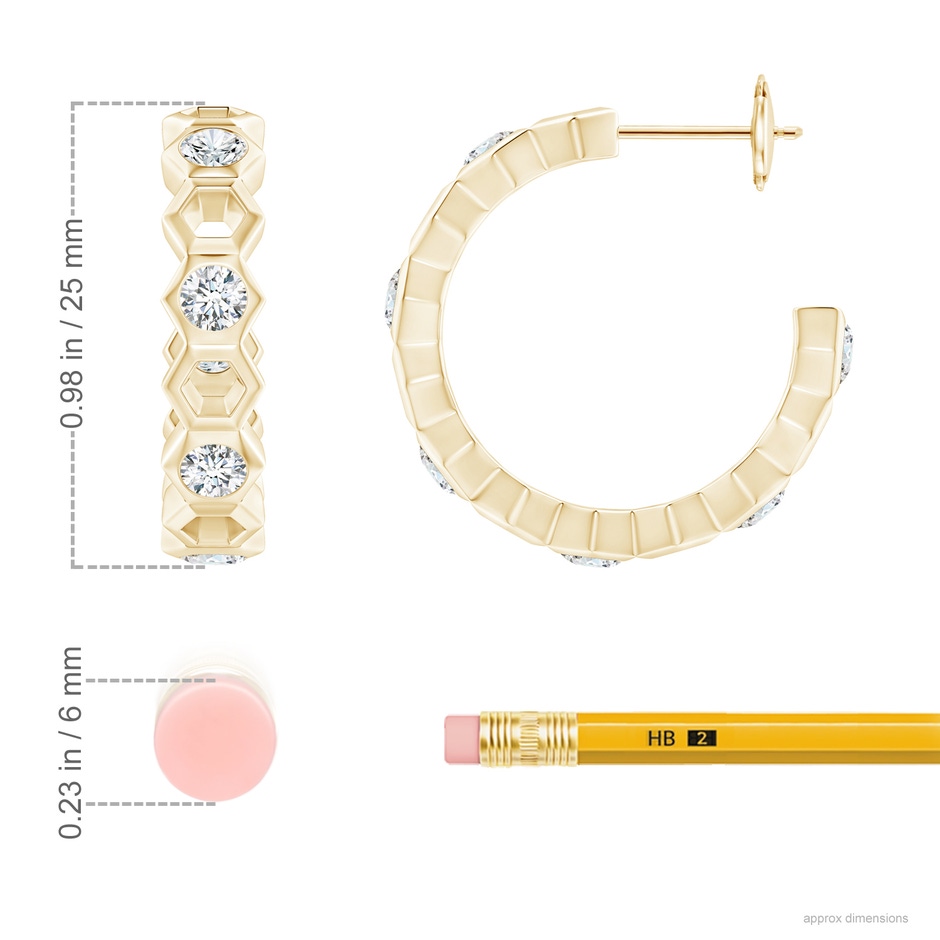 3mm IJI1I2 Natori x Angara Small Alternate Hexagonal Diamond Hoops in Yellow Gold ruler