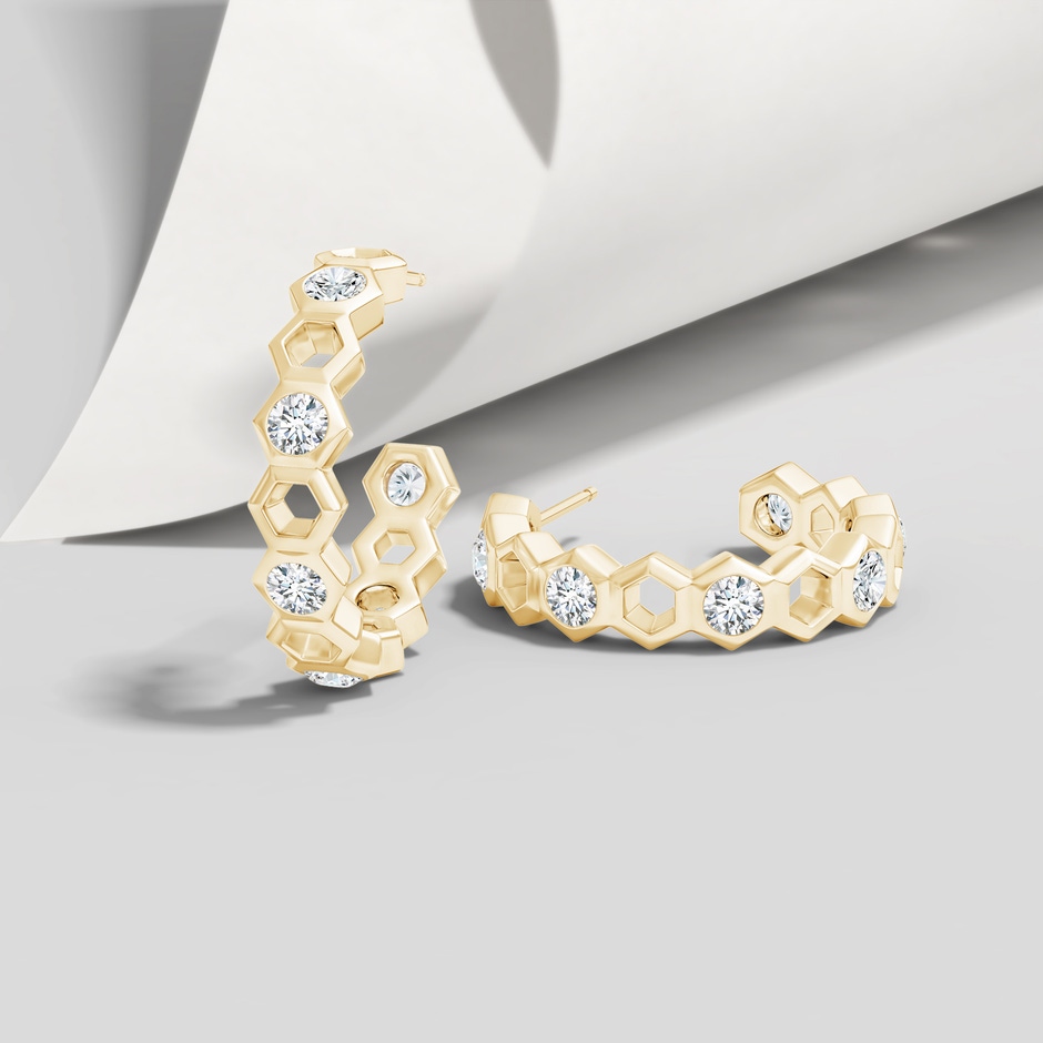 3mm IJI1I2 Natori x Angara Small Alternate Hexagonal Diamond Hoops in Yellow Gold lifestyle