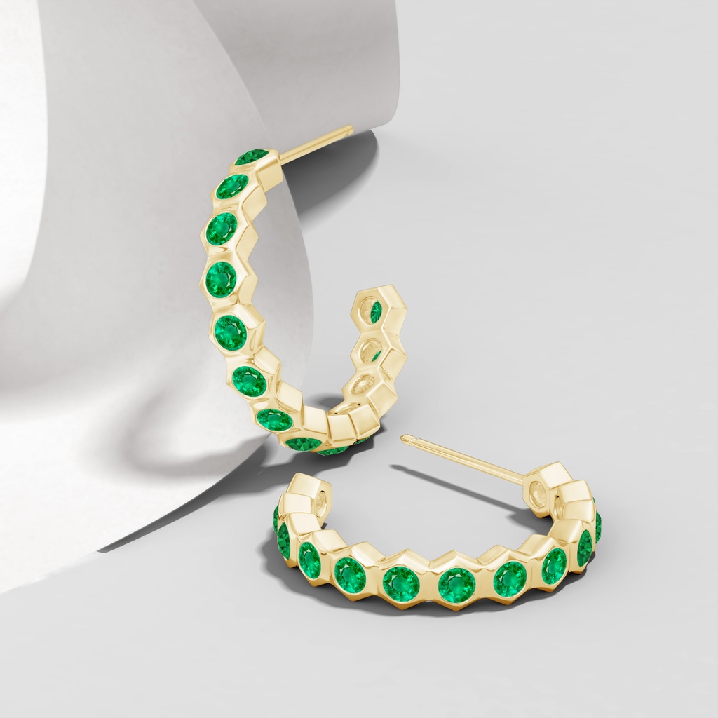 1.5mm AAA Natori x Angara Small  Hexagonal Emerald Hoops in Yellow Gold Lifestyle