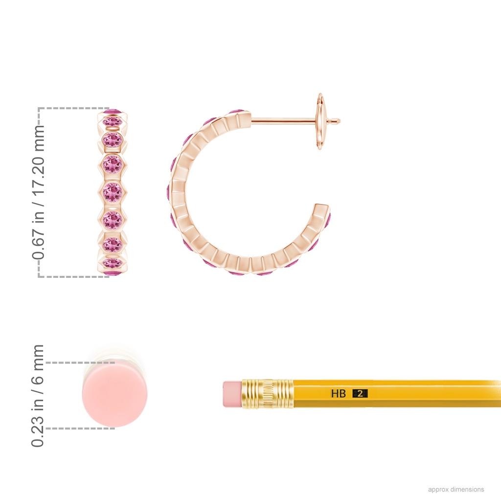 1.5mm AAA Natori x Angara Small  Hexagonal Pink Tourmaline Hoops in Rose Gold Ruler