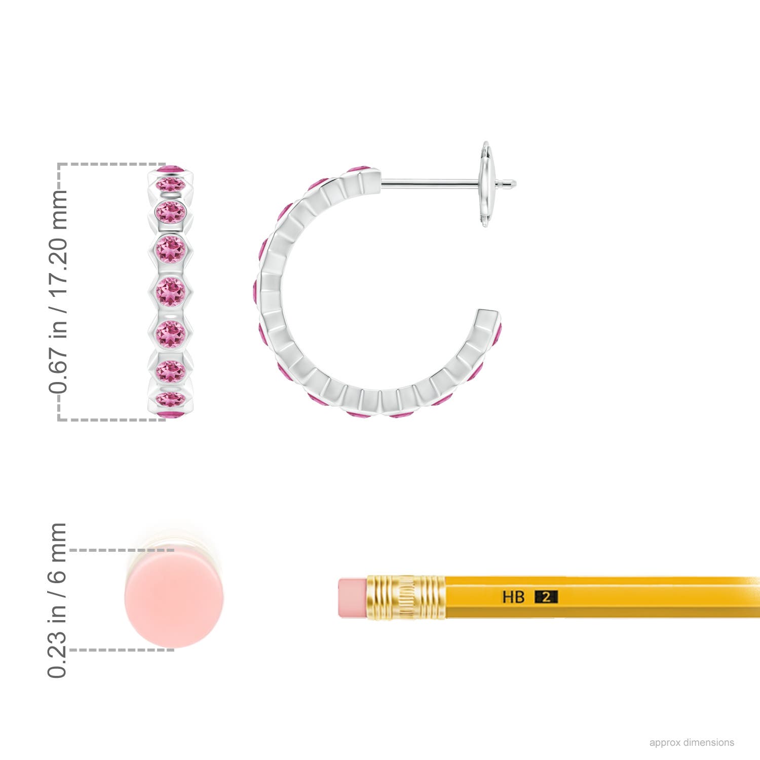 1.5mm AAA Natori x Angara Small  Hexagonal Pink Tourmaline Hoops in White Gold - ruler