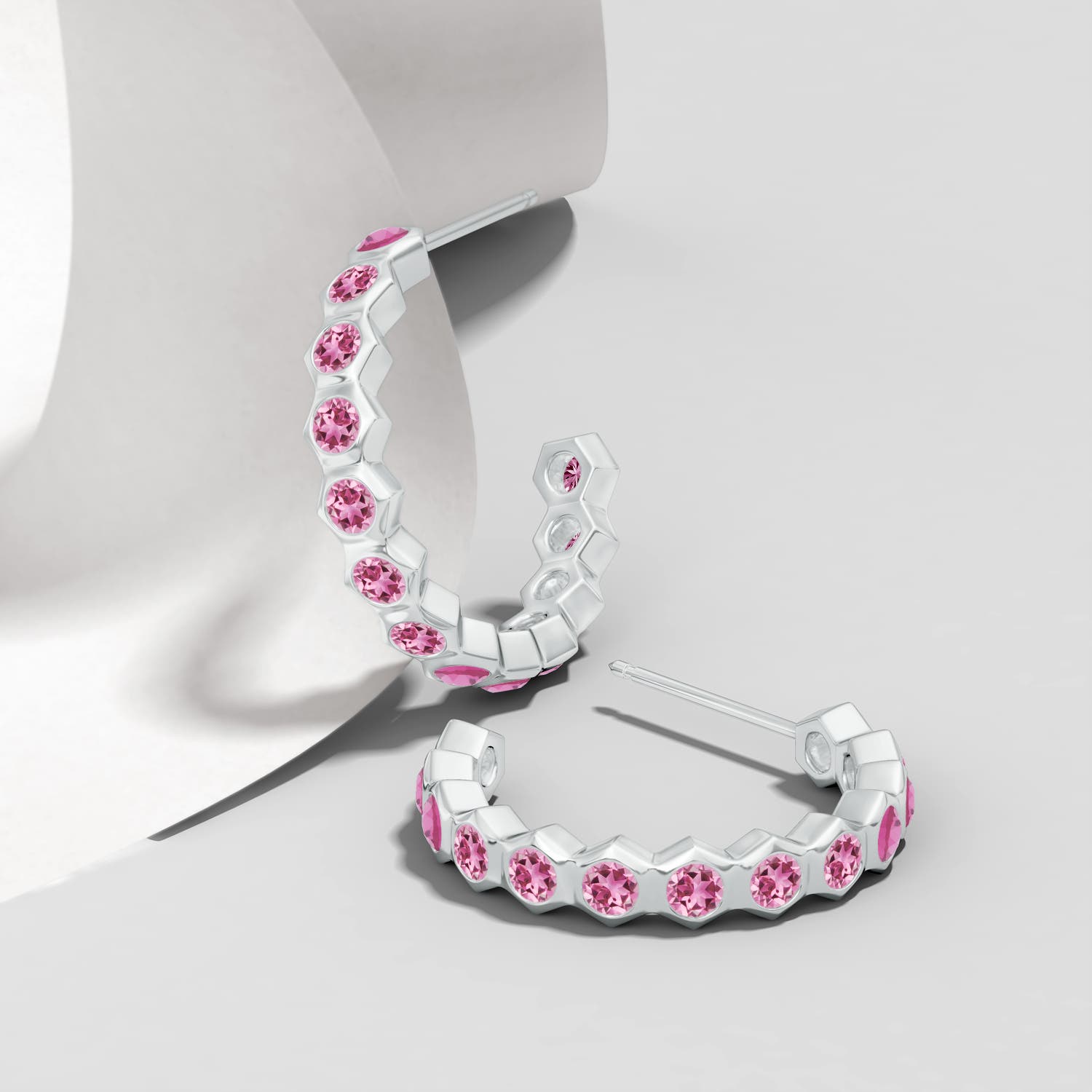 1.5mm AAA Natori x Angara Small  Hexagonal Pink Tourmaline Hoops in White Gold - lifestyle 4
