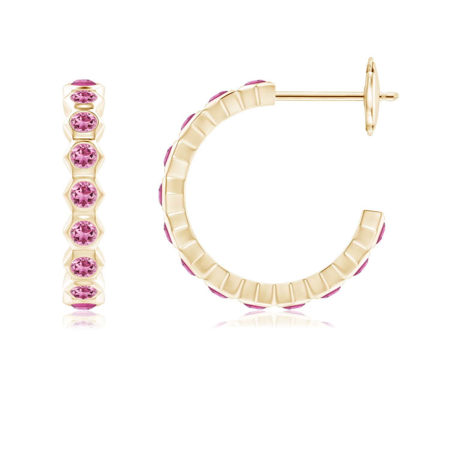 1.5mm AAA Natori x Angara Small Hexagonal Pink Tourmaline Hoops in Yellow Gold - side 1