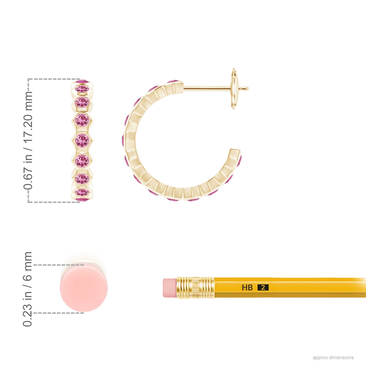 1.5mm AAA Natori x Angara Small Hexagonal Pink Tourmaline Hoops in Yellow Gold - ruler