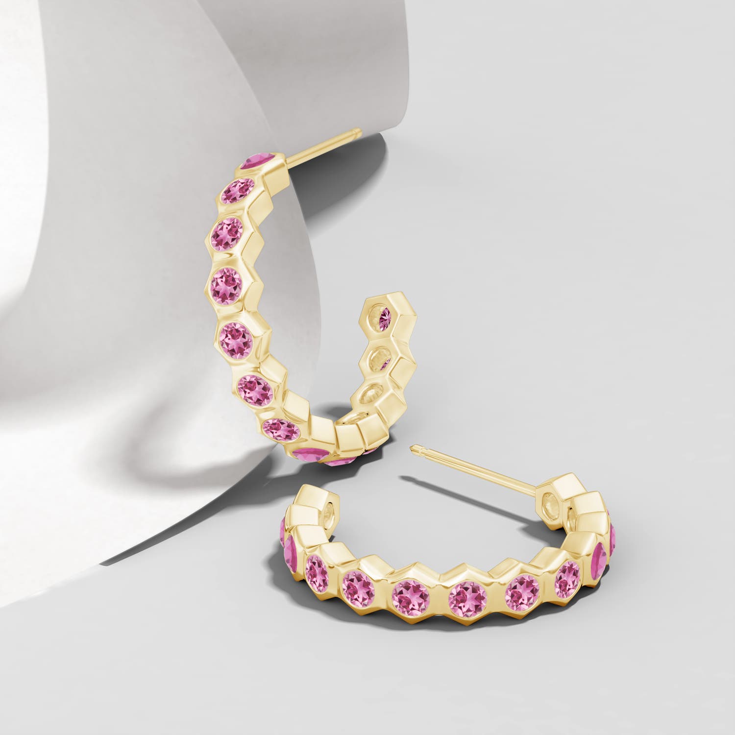 1.5mm AAA Natori x Angara Small Hexagonal Pink Tourmaline Hoops in Yellow Gold - lifestyle 4