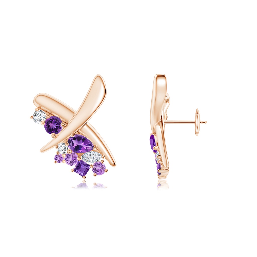 6x4mm AAA Natori x Angara Multi-Shape Waterfall Amethyst & Diamond Sumi Stroke Studs in Rose Gold