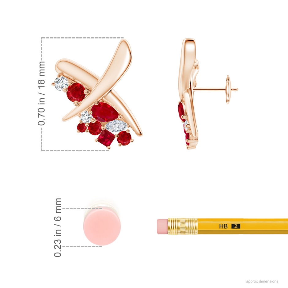 6x4mm AAA Natori x Angara Multi-Shape Waterfall Ruby & Diamond Sumi Stroke Studs in Rose Gold ruler