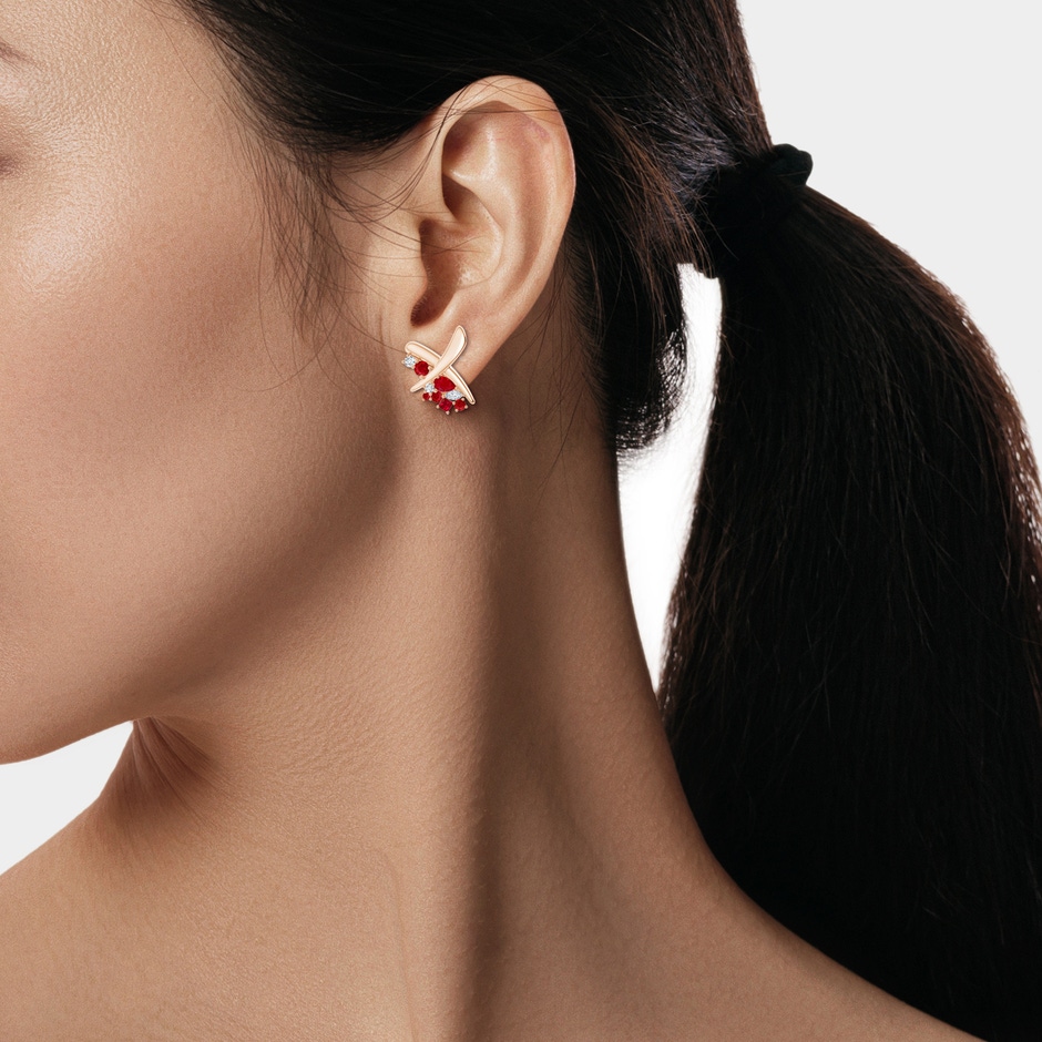 6x4mm AAA Natori x Angara Multi-Shape Waterfall Ruby & Diamond Sumi Stroke Studs in Rose Gold body-ear