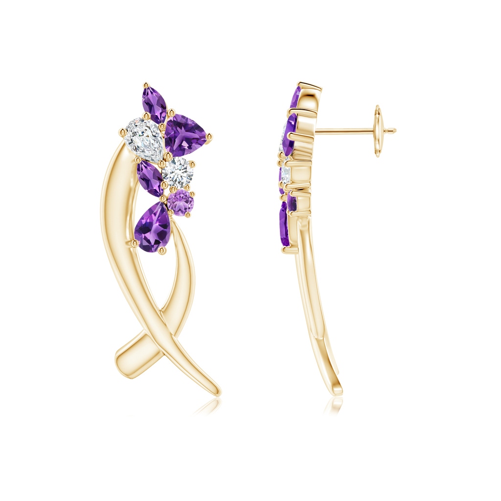 6x4mm AAA Natori x Angara Cascading Multi-Shape Amethyst & Diamond Sumi Stroke Studs in Yellow Gold