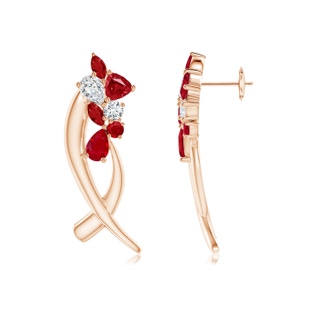 6x4mm AAA Natori x Angara Cascading Multi-Shape Ruby & Diamond Sumi Stroke Studs in Rose Gold