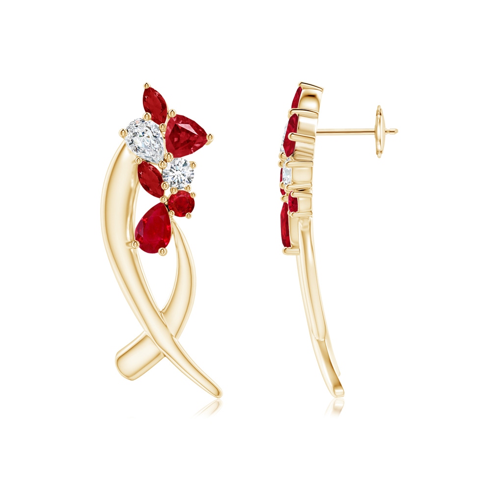 6x4mm AAA Natori x Angara Cascading Multi-Shape Ruby & Diamond Sumi Stroke Studs in Yellow Gold