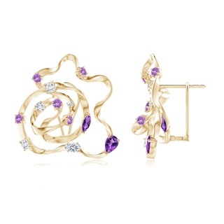 6x4mm AAA Natori x Angara Multi-Shape Dispersed Amethyst & Diamond Sakura Stud Earrings in Yellow Gold