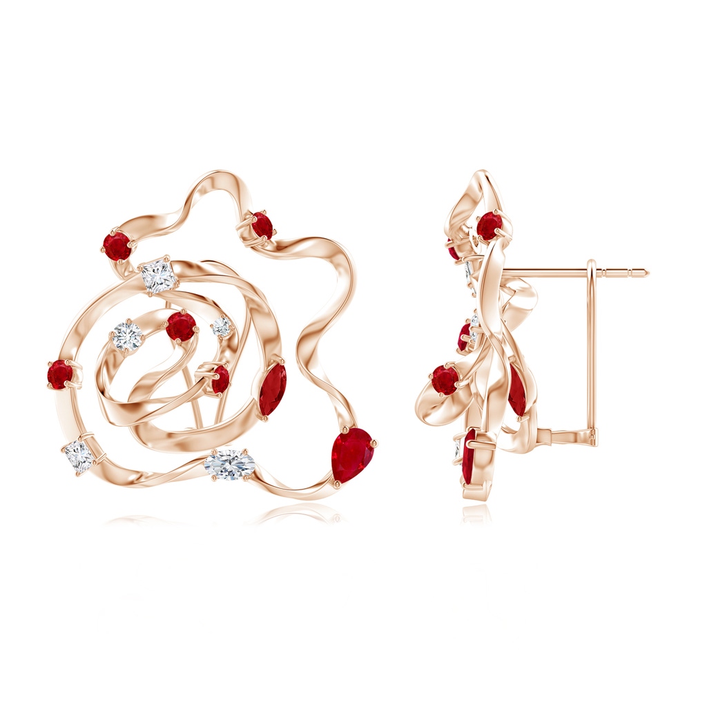 6x4mm AAA Natori x Angara Multi-Shape Dispersed Ruby & Diamond Sakura Stud Earrings in Rose Gold