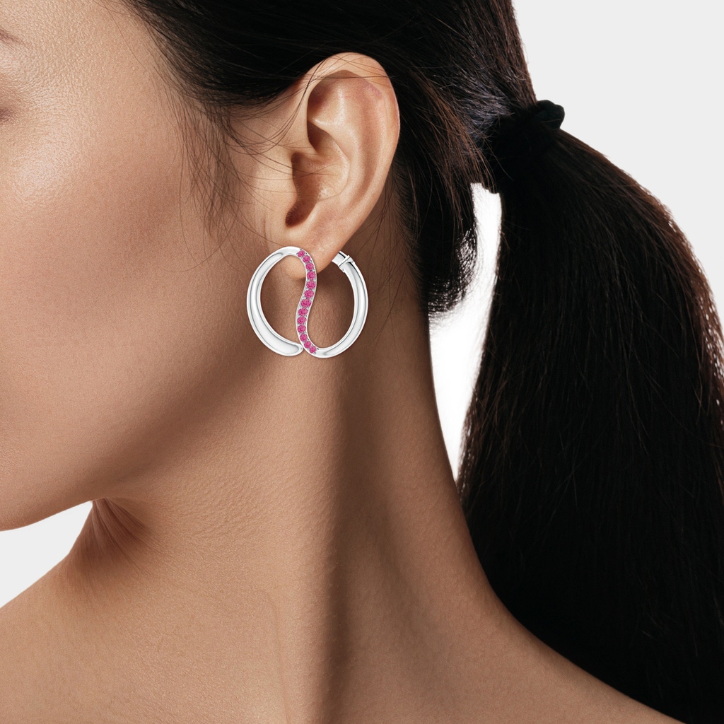 2.9mm AAA Yin-Yang Pink Sapphire Shangri-La 32mm Button Stud Earring in White Gold ear