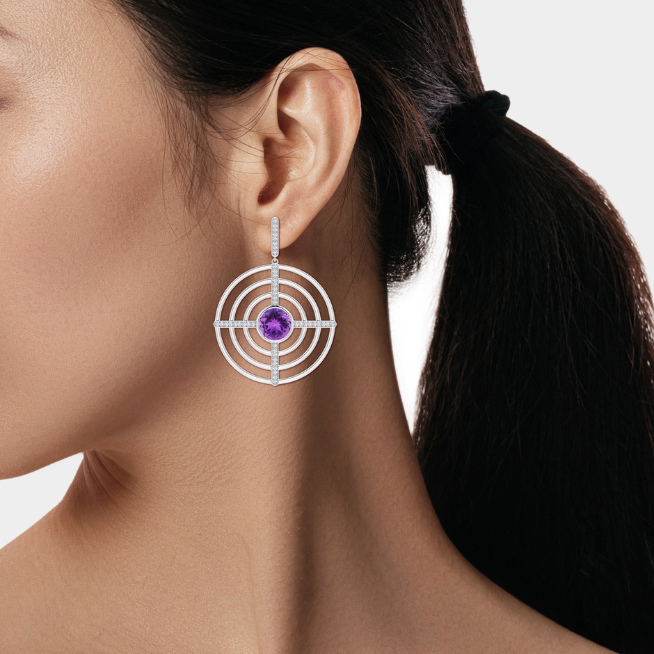 10mm AAA Natori x Angara Infinity Concentric Circle Amethyst Earrings with Diamond Bars in White Gold ear