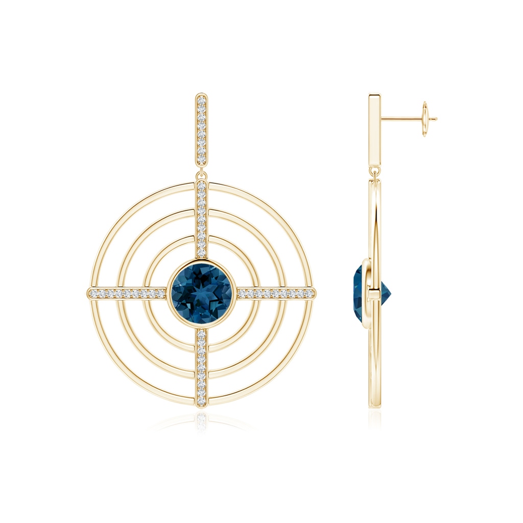 10mm AAA Natori x Angara Infinity Concentric Circle London Blue Topaz Earrings with Diamond Bars in Yellow Gold