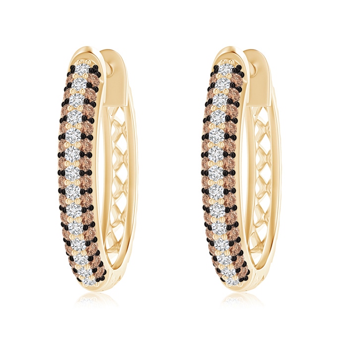 1.2mm AAA Pave-Set White and Brown Diamond Hoop Earrings in Yellow Gold 