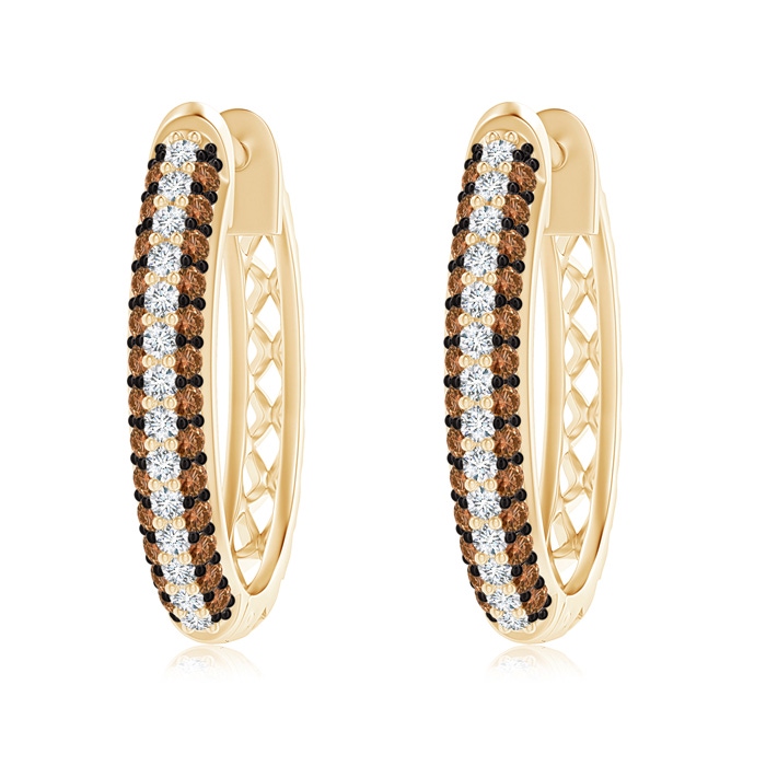 1.2mm AAAA Pave-Set White and Brown Diamond Hoop Earrings in Yellow Gold 