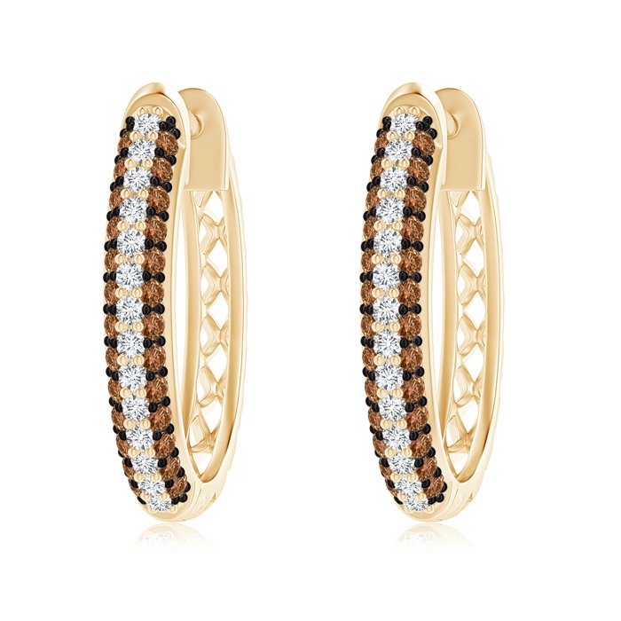 1.2mm AAAA Pave-Set White and Brown Diamond Hoop Earrings in Yellow Gold