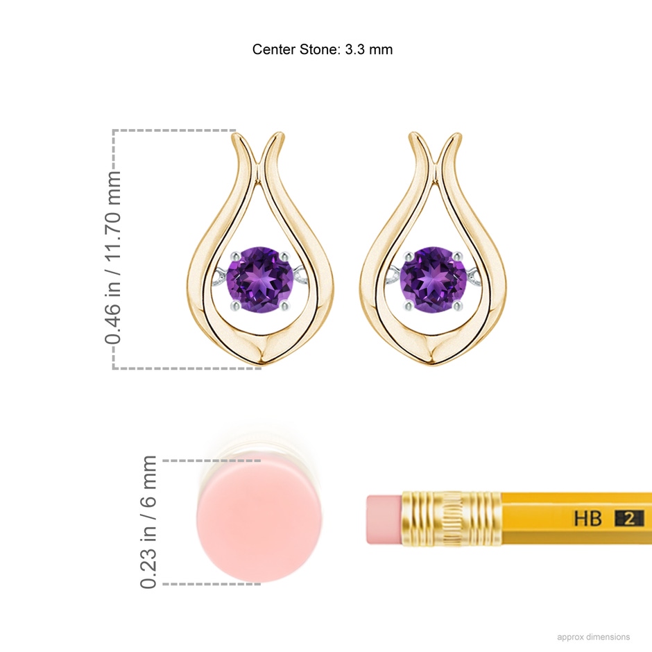 3.3mm AAAA Dancing Amethyst Solitaire Drop Earrings in Yellow Gold ruler