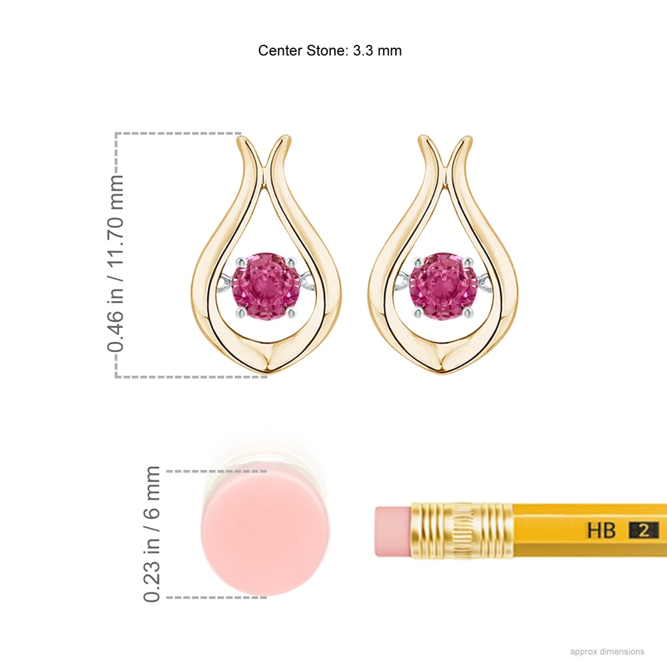 3.3mm AAAA Dancing Pink Sapphire Solitaire Drop Earrings in Yellow Gold ruler