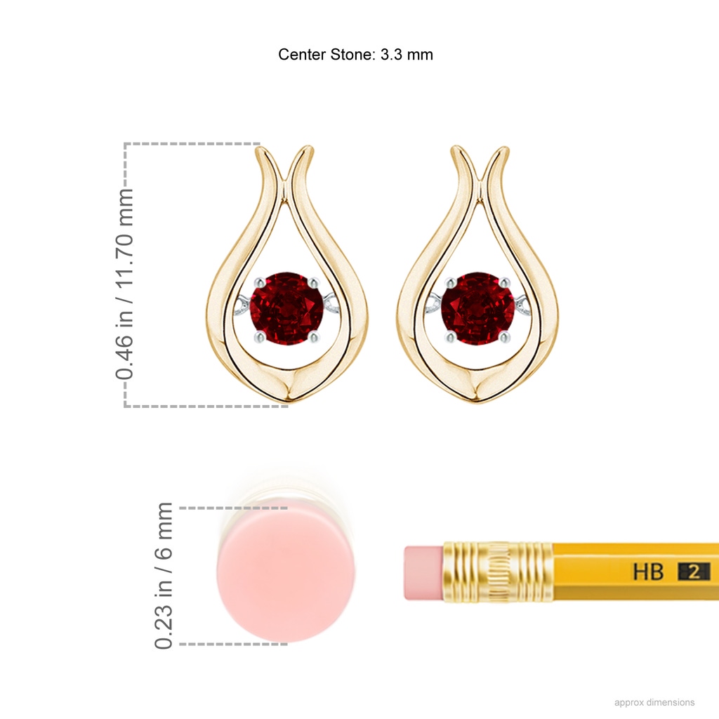 3.3mm AAAA Dancing Ruby Solitaire Drop Earrings in Yellow Gold Ruler