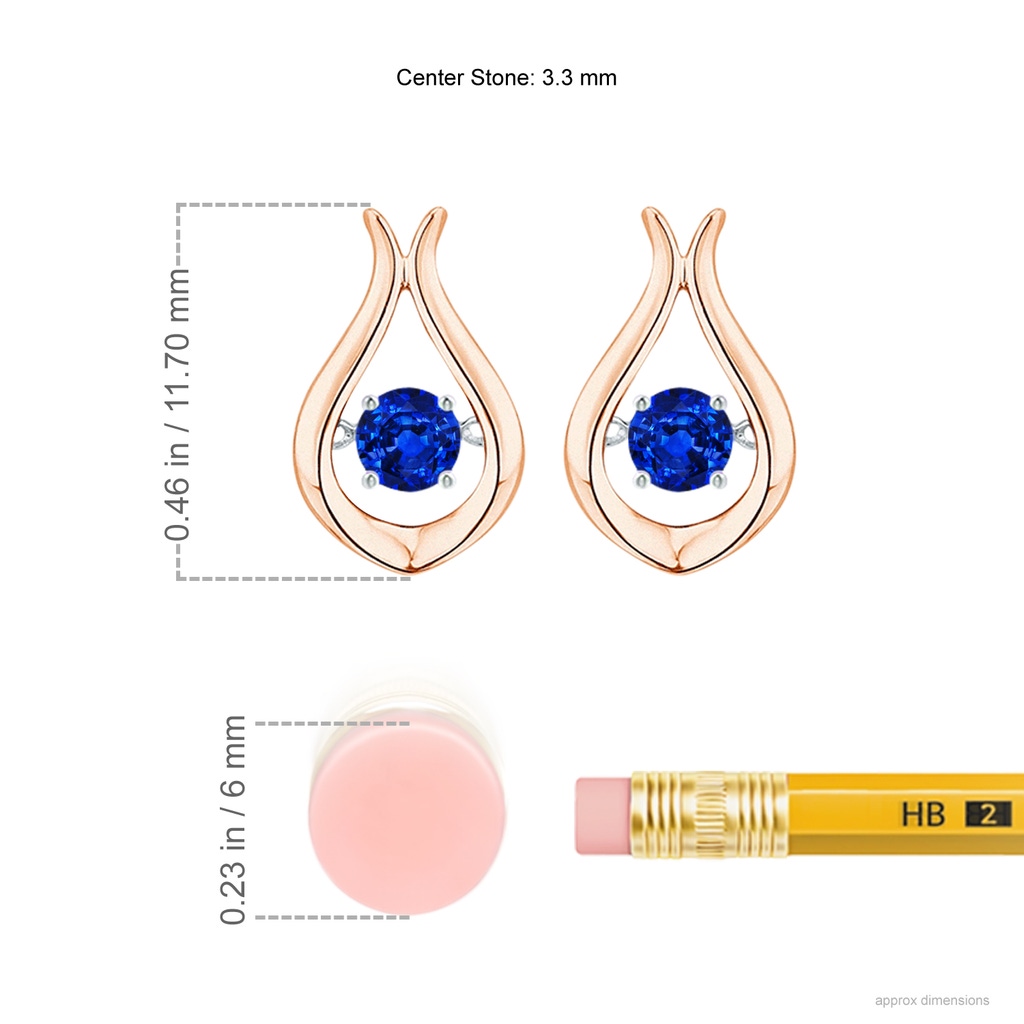 3.3mm AAAA Dancing Blue Sapphire Solitaire Drop Earrings in Rose Gold Ruler