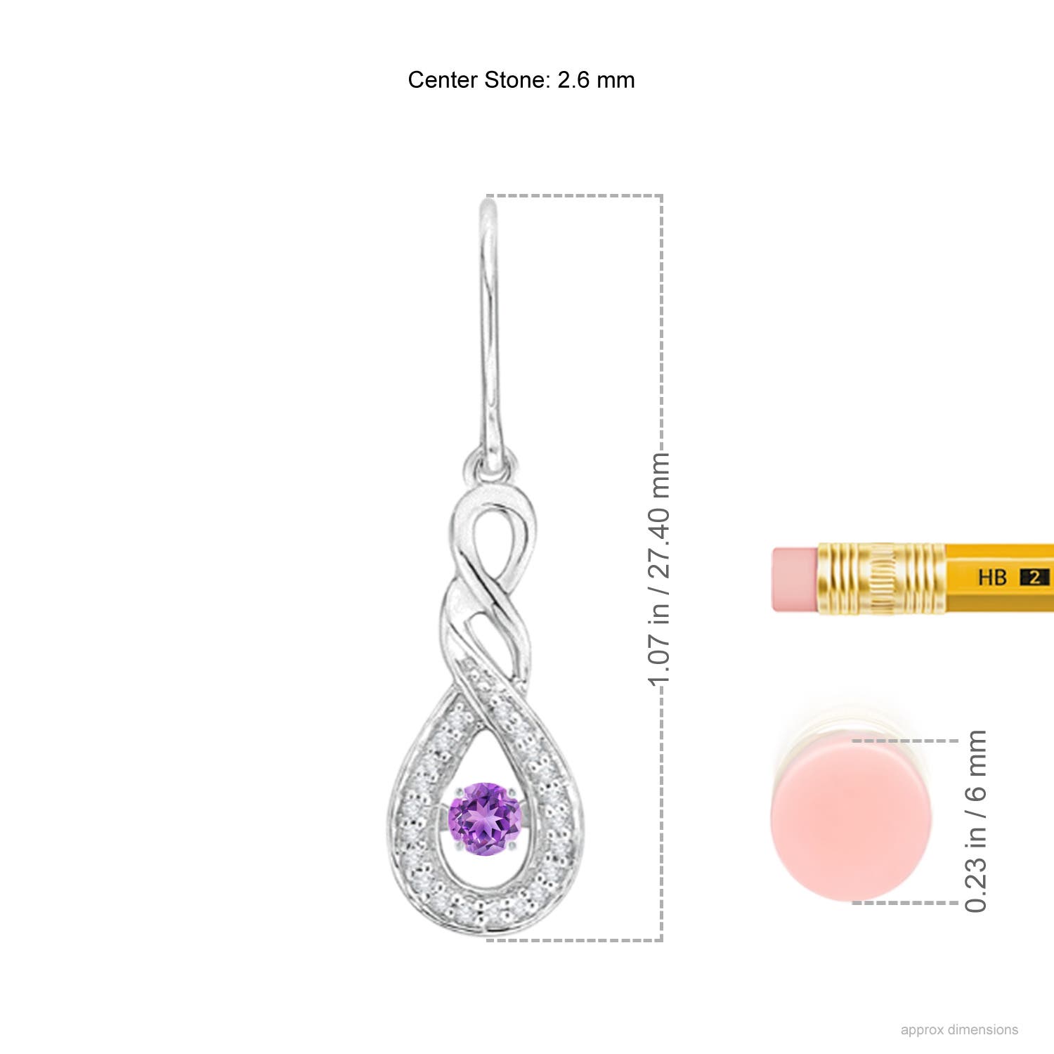 2.6mm AAAA Dancing Amethyst Infinity Drop Earrings with Diamond in White Gold - ruler