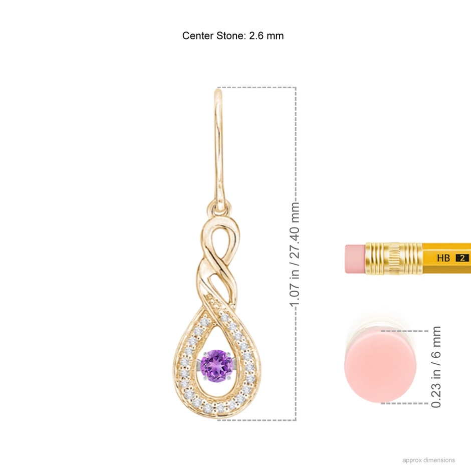 2.6mm AAAA Dancing Amethyst Infinity Drop Earrings with Diamond in Yellow Gold ruler