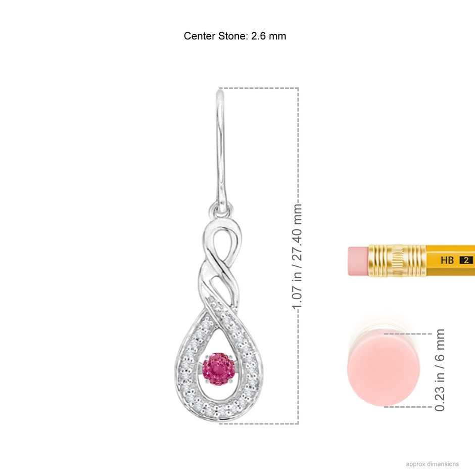 2.6mm AAAA Dancing Pink Sapphire Infinity Drop Earrings with Diamond in White Gold ruler