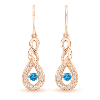 2.6mm AAAA Dancing Swiss Blue Topaz Infinity Drop Earrings with Diamond in Rose Gold