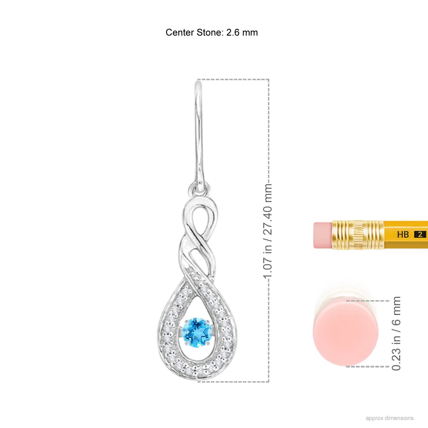 2.6mm AAAA Dancing Swiss Blue Topaz Infinity Drop Earrings with Diamond in White Gold - ruler