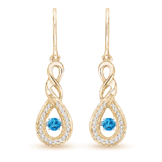 2.6mm AAAA Dancing Swiss Blue Topaz Infinity Drop Earrings with Diamond in Yellow Gold