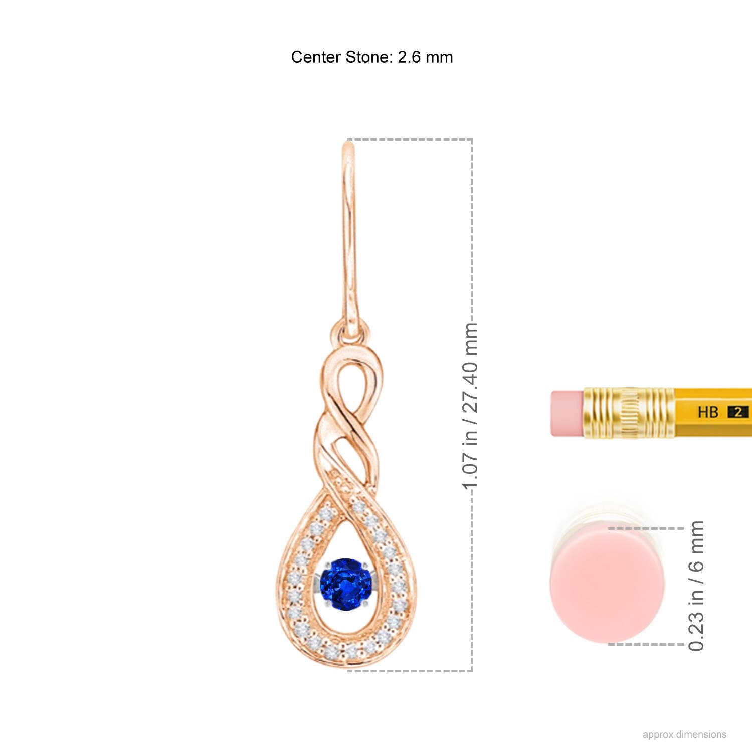 2.6mm AAAA Dancing Blue Sapphire Infinity Drop Earrings with Diamond in Rose Gold - ruler