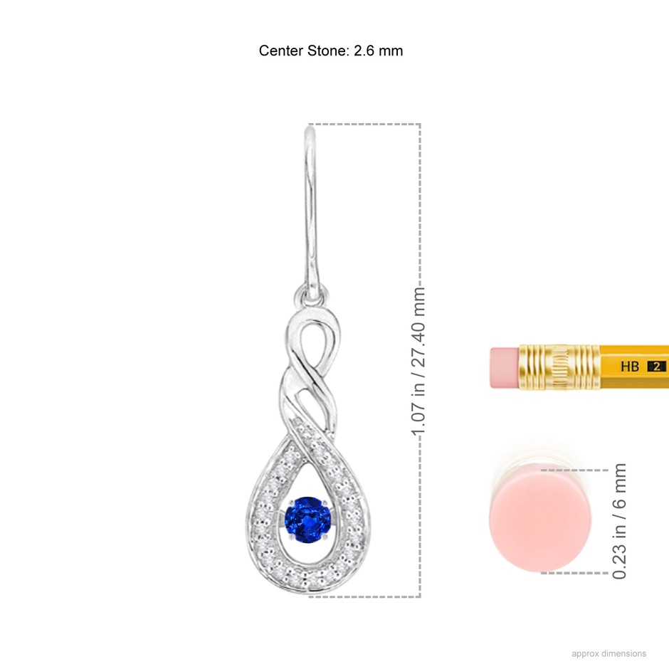 2.6mm AAAA Dancing Blue Sapphire Infinity Drop Earrings with Diamond in White Gold ruler