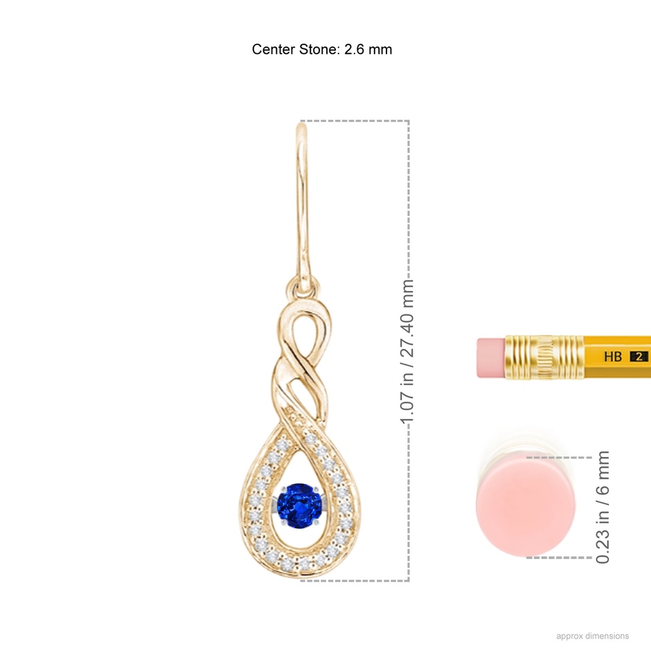 2.6mm AAAA Dancing Blue Sapphire Infinity Drop Earrings with Diamond in Yellow Gold ruler