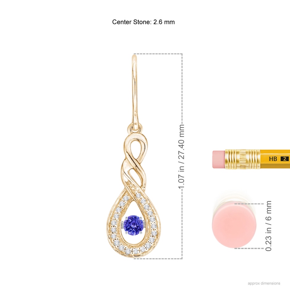 2.6mm AAAA Dancing Tanzanite Infinity Drop Earrings with Diamond in Yellow Gold ruler