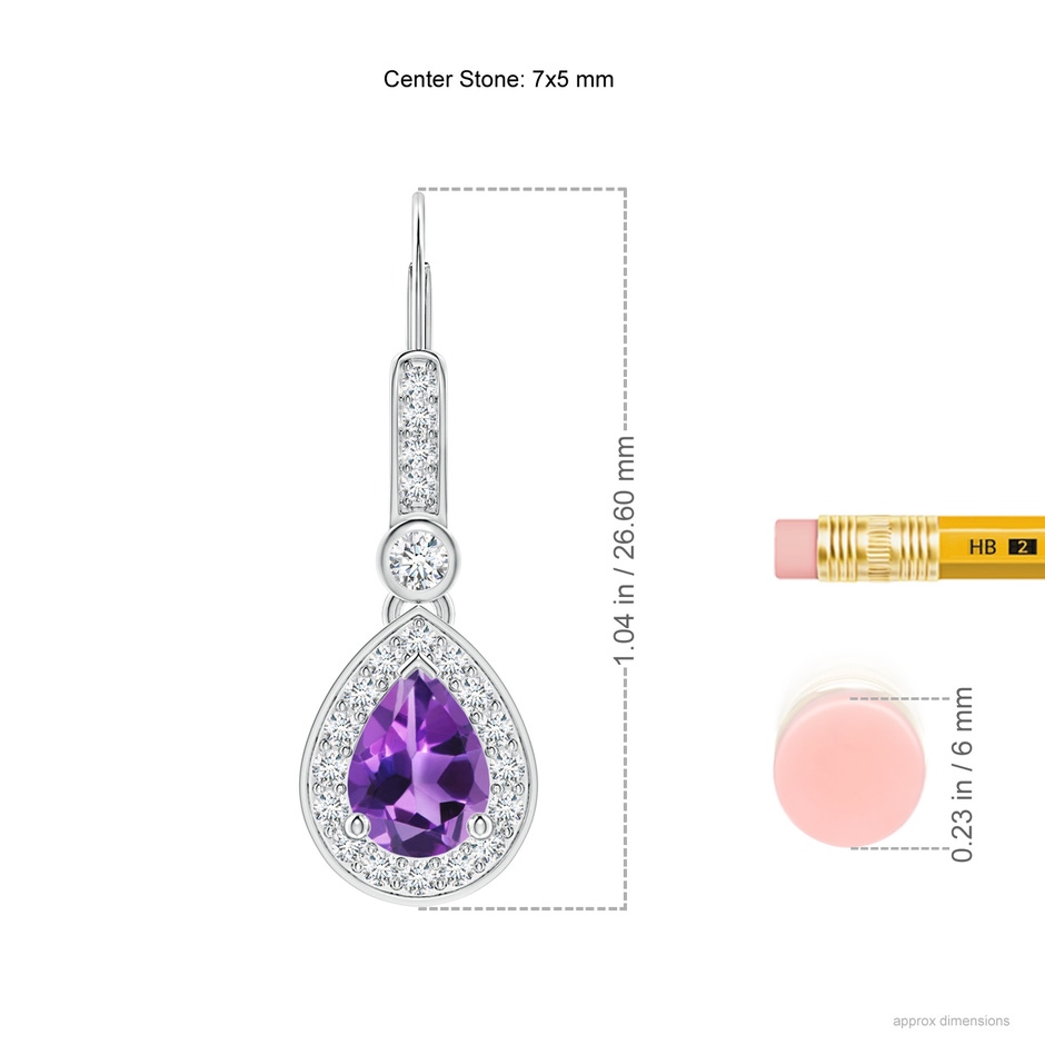 7x5mm AAA Pear-Shaped Amethyst and Diamond Halo Drop Earrings in White Gold ruler