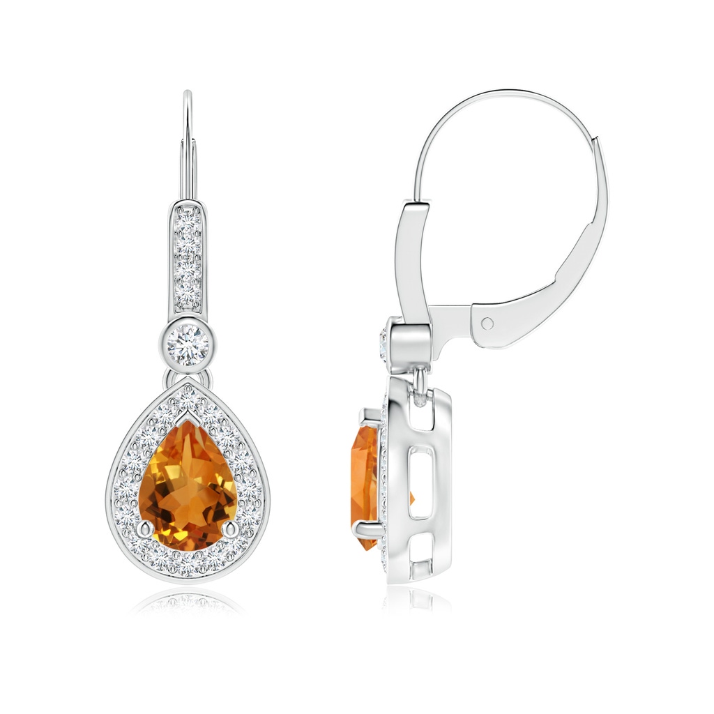 7x5mm AAA Pear-Shaped Citrine and Diamond Halo Drop Earrings in White Gold